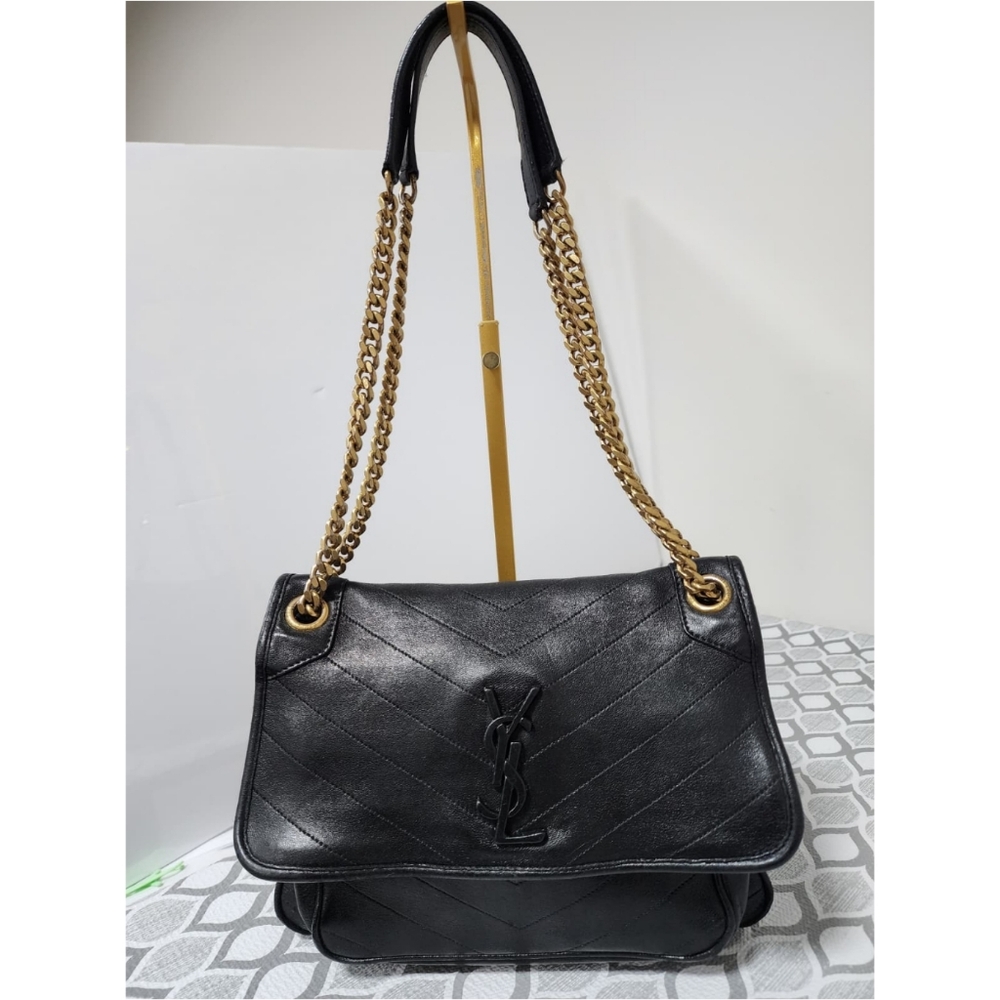 Saint Laurent Black Chevron Quilted Leather Shoulder Bag with Gold Chain